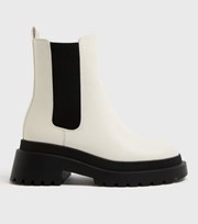 New Look Off White Leather-Look High Ankle Chelsea Boots